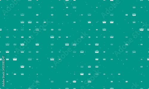 Seamless background pattern of evenly spaced white cnc machine symbols of different sizes and opacity. Vector illustration on teal background with stars
