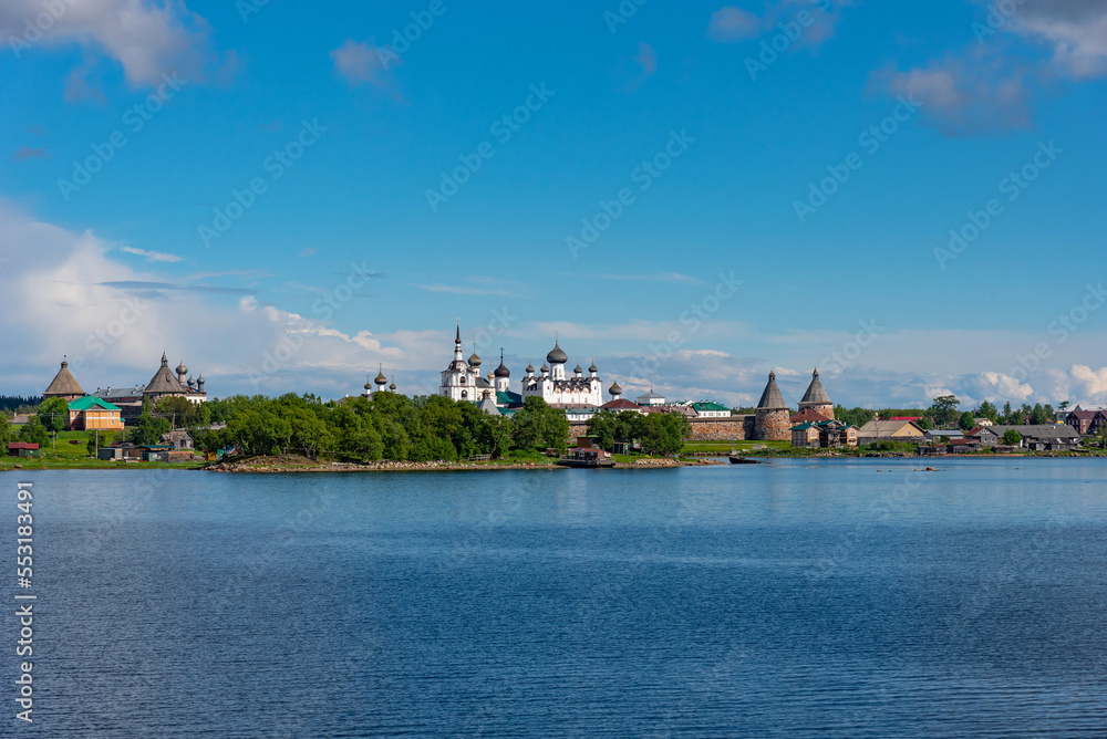 Panoramic view of The Solovetsky Transfiguration Monastery on the Big Solovetsky Islands. The Solovetsky Monastery on the Solovetsky Islands in the White Sea in northern Russia.