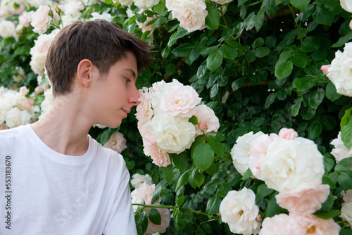 Teen boy smells beautiful white-pink blooming roses in park  summer outdoor