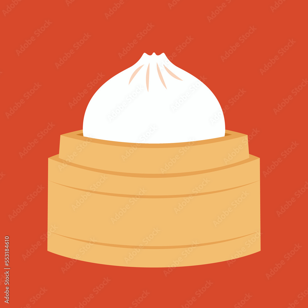 Dim sum, traditional Chinese dumplings, in bamboo steamer basket. Asian food vector illustration. Baozi or bao is Chinese food.