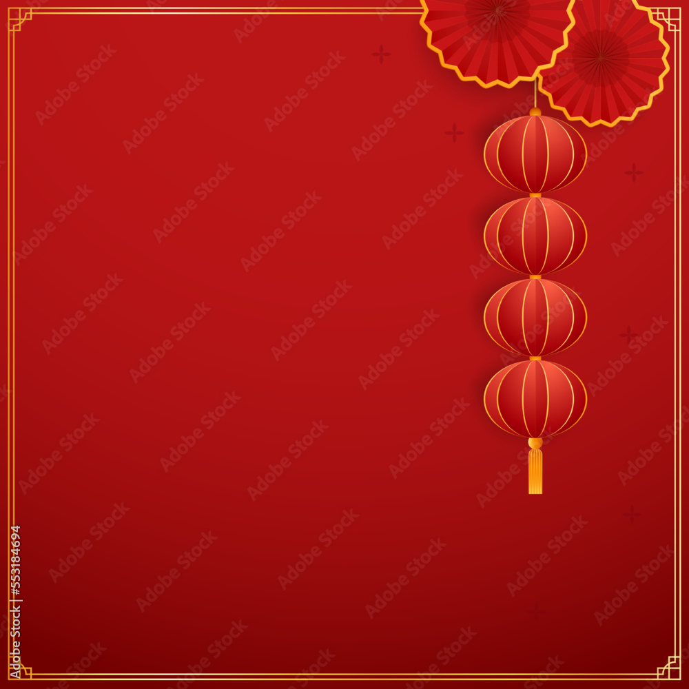 Obraz premium Happy Chinese new year 2023. Chinese new year banner with circle for show product. Greeting card. China frame with lantern on red background.