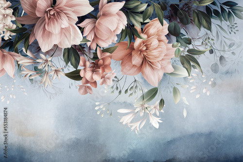 Floral wallpaper 3D with oil painting flowers. Blue ombre  background. 