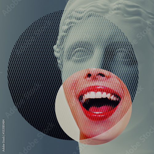 Photography Contemporary collage of plaster statue head and young woman with open mouth over deep blue background