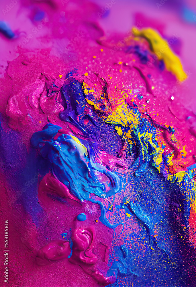 Colorful liquid paint splash background. Beautiful grunge textured fluid art. AI