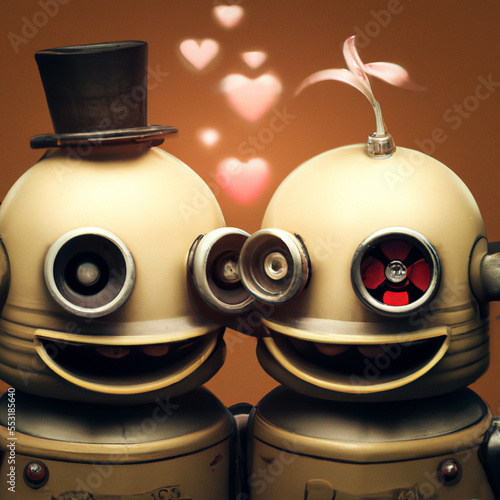 Wedding of two cute robots in love. Their bodies are not perfect but their connection is real generative ai illustration photo