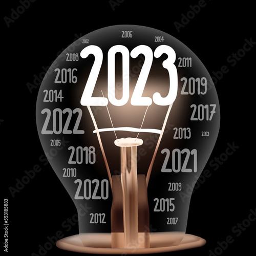 Vector Illustration of single light bulb with fiber in a shape of New Year 2023 and years passed isolated on black background.