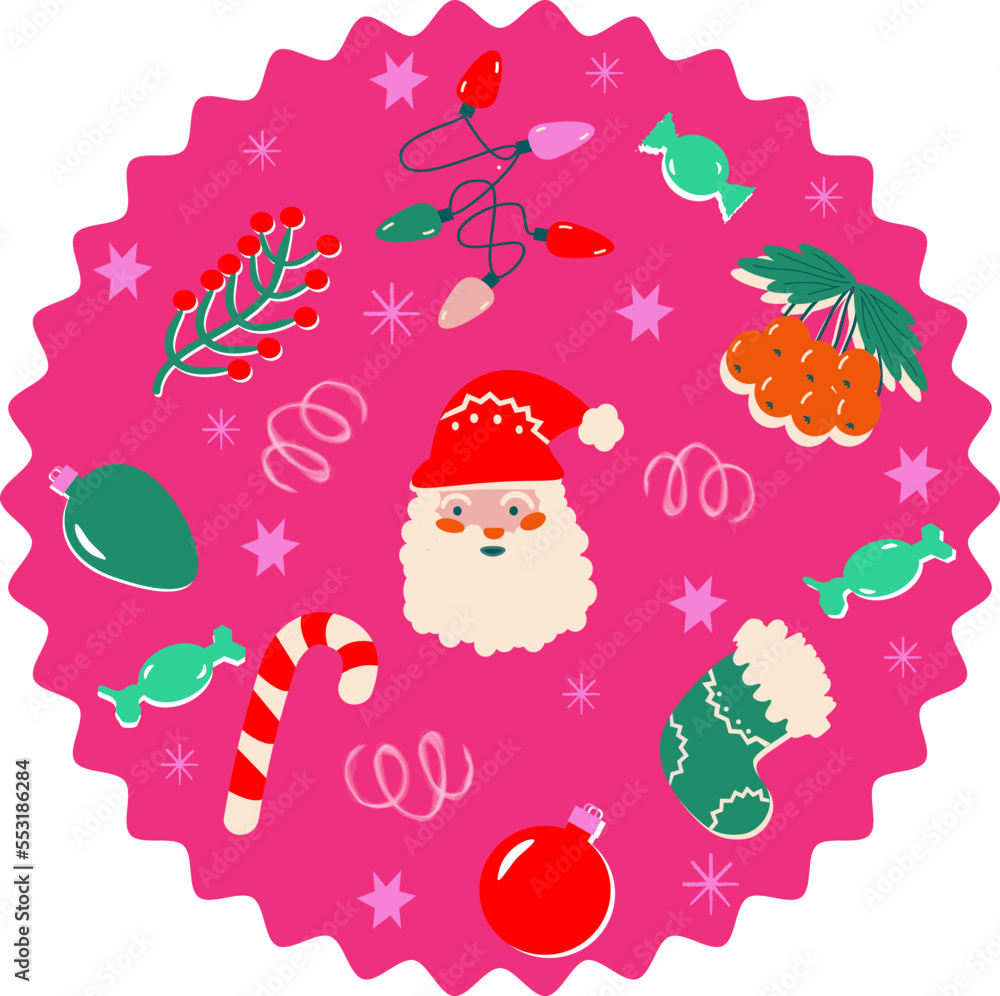 Naklejka premium christmas drawings of santa, decorations, snowflakes, stars on a pink background