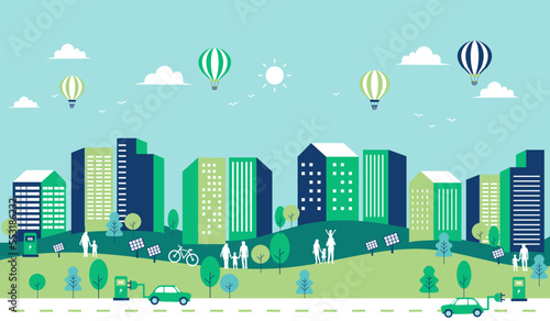 green ecology building cityscape background. solar panels renewable energy. sustainable and nature friendly. save the world concept. family, home and balloon environment. vector illustration.