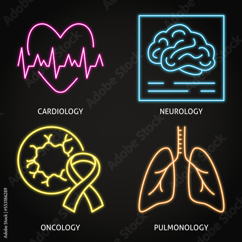Medical specializations neon icon set