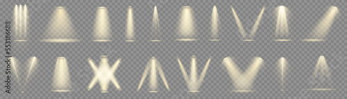 Set of bright light spotlights isolated on transparent background. Vector glowing light effect with transparent rays.