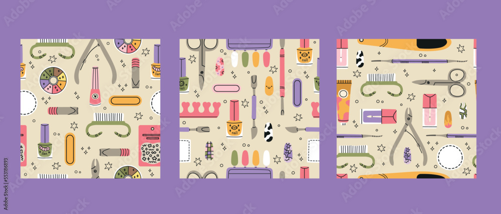 A collection of three cutest manicure patterns. Nail salon vector. Manicure and pedicure studio. Fashion beauty banner for spa with nail polish or lacquer. Hand draw A collection of three cutest manicure patterns. Nail salon vector. Manicure and pedicure studio. Fashion beauty banner for spa with nail polish or lacquer. Hand draw