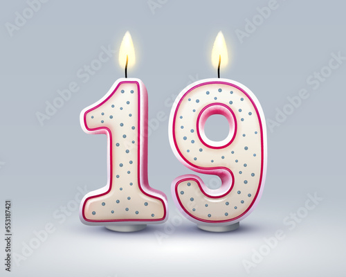 Happy Birthday years. 19 anniversary of the birthday, Candle in the form of numbers. Vector