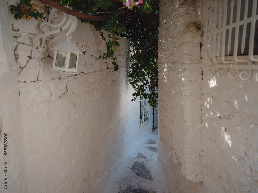 Fototapeta premium Marmaris is resort town on Turkish Riviera, also known as Turquoise Coast. Beautiful streets of old Marmaris. Narrow streets with stairs among houses with white bricks, green plants and flowers
