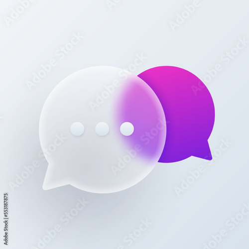 Two speech bubbles superimposed on each other, vector modern trend icon in style of glassmorphism with gradient, blur and transparency. Dialogue boxes, chatting, talk and information sign