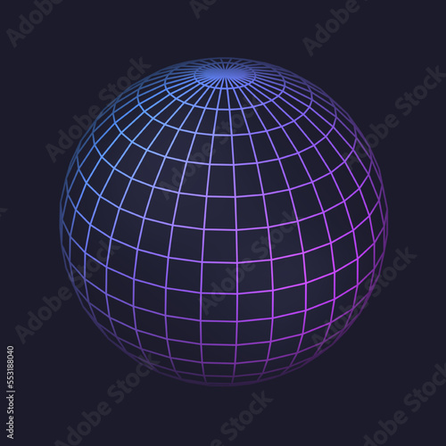 Globe planet 3D grid  low poly round line geometric shape of neon color  isolated vector frame hologram. Planet globe mathematics and geometry figure  low-poly frame perspective