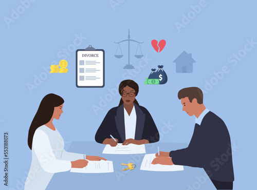 Divorce. Lawyer consultation. Property split. Marriage brokeup. Husband and wife divorce agreement. Vector