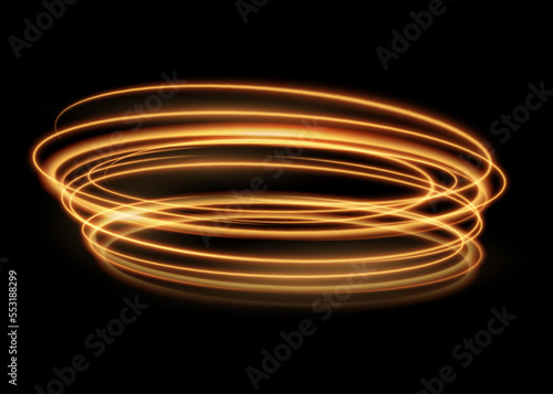 Golden spirals abstract light speed motion effect. Vector shiny wavy trail, light magic glow. Glowing shiny spiral line effect vector background. Curly gold spirals, motion of twinkling sparkle