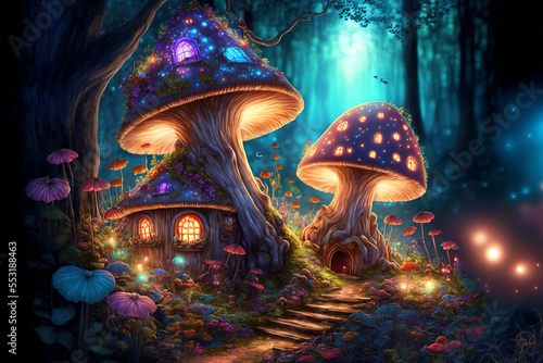 Fairy houses in fantasy forest with glowing mushrooms. Digital artwork   © Katynn