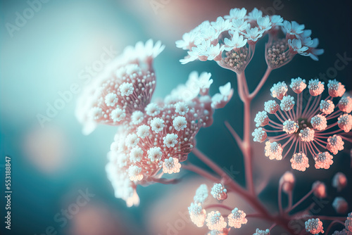 Small white flowers on a toned on gentle soft blue and pink background outdoors close-up macro, spring summer border template floral background. Light air delicate artistic image. Digital art