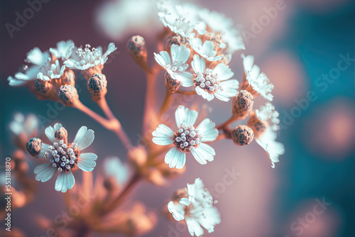 Small white flowers on a toned on gentle soft blue and pink background outdoors close-up macro, spring summer border template floral background. Light air delicate artistic image. Digital art photo