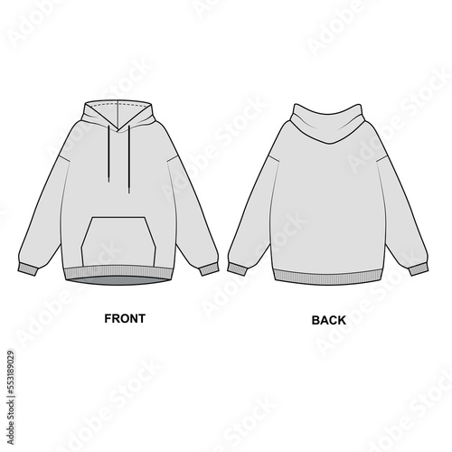 Sketch trendy hoodies, vector. Technical drawing of a gray knitted hoodie. Outline hooded sweatshirt template.