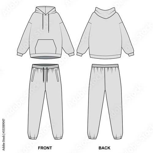 Sketch trendy sports suit, vector. Technical drawing of a gray pajama. Template set of outline sport sweatshirts with a hood and sweatpants.