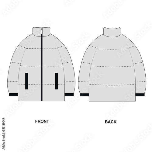 Sketch trendy winter jacket, vector. Technical drawing of a gray insulated jacket. Template set of an outline sports jacket in this color.