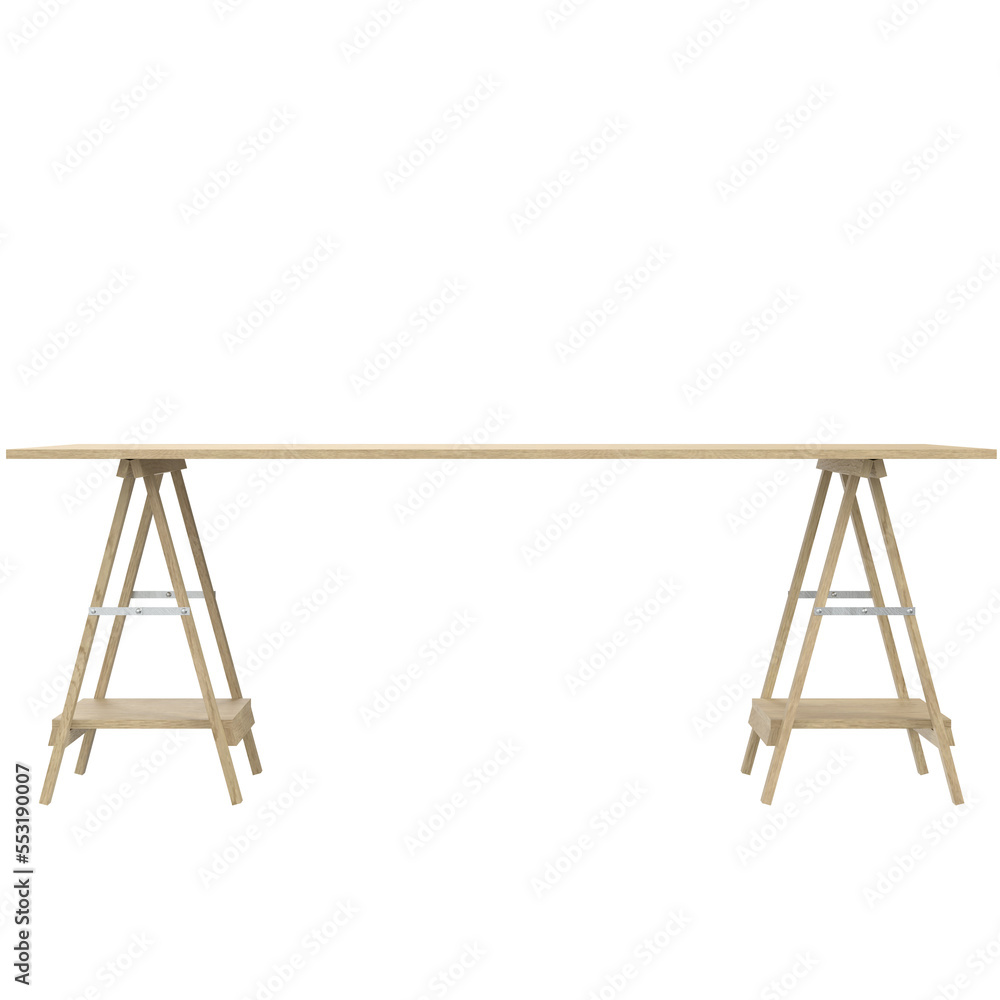 3D rendering illustration of a workbench desk on trestle supports 3D rendering illustration of a workbench desk on trestle supports