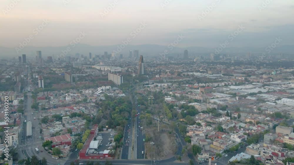 Drone flying across La Raza in Mexico, with a view of the whole city. Drone flying across La Raza in Mexico, with a view of the whole city.