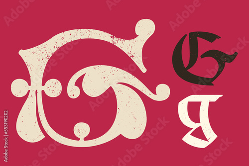 G letter drop cap logo. Illuminated initial and blackletter uppercase and lowercase. All you need to precisely imitate medieval text.
