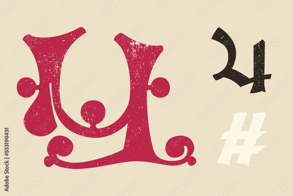 Number four drop cap logo. Illuminated initial in old blackletter German style. All you need to precisely imitate medieval text. Number four drop cap logo. Illuminated initial in old blackletter German style. All you need to precisely imitate medieval text.