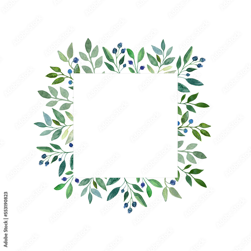 Naklejka premium Watercolor hand drawn frame with green leaves and wigs and blue berries. Perfect for invitations and cards.