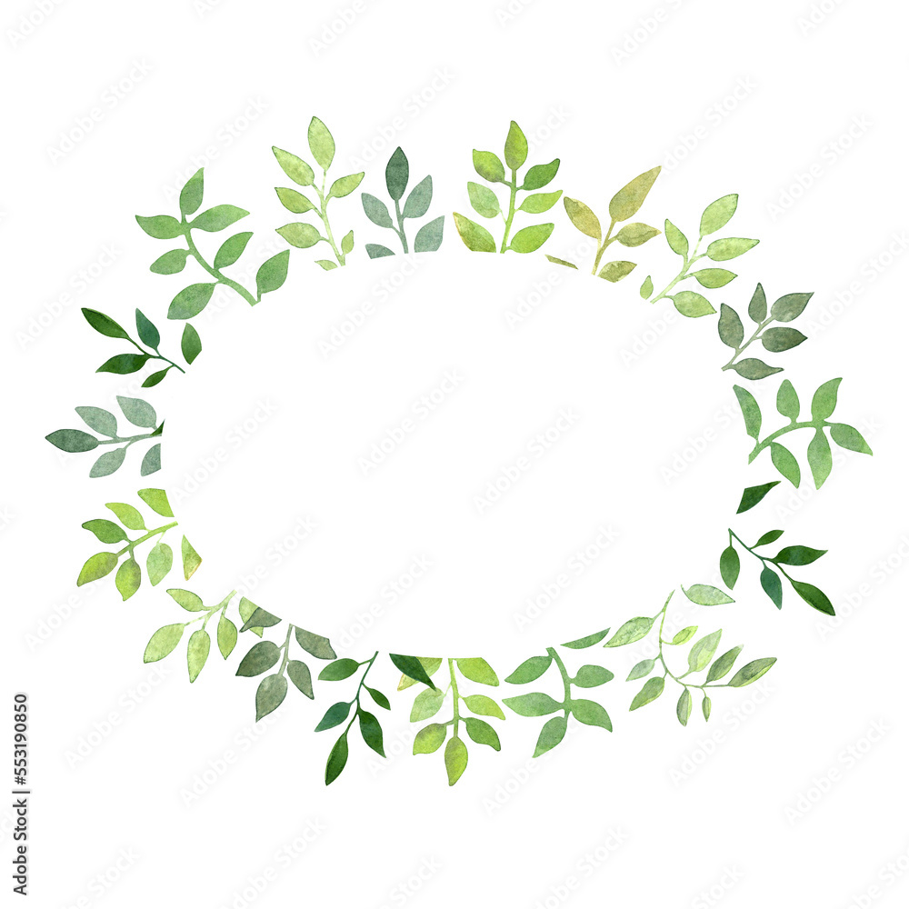 Watercolor hand drawn oval frame with green leaves. Perfect for invitations and cards.