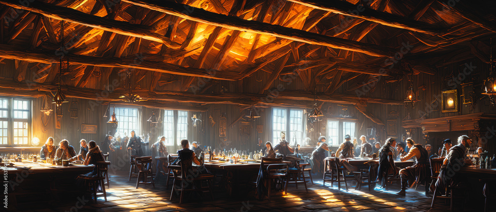 Friendly medieval fantasy tavern inn, concept art interior