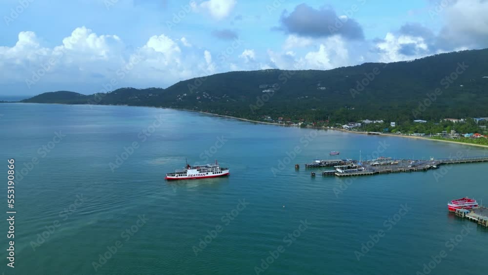 Koh Samui Ferry Pier, Ship drone shot, 4K, Thailand, Surat Thani. Tourism Transportation. Aerial Shot. Koh Samui Ferry Pier, Ship drone shot, 4K, Thailand, Surat Thani. Tourism Transportation. Aerial Shot.