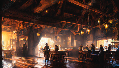 Friendly medieval fantasy tavern inn  concept art interior