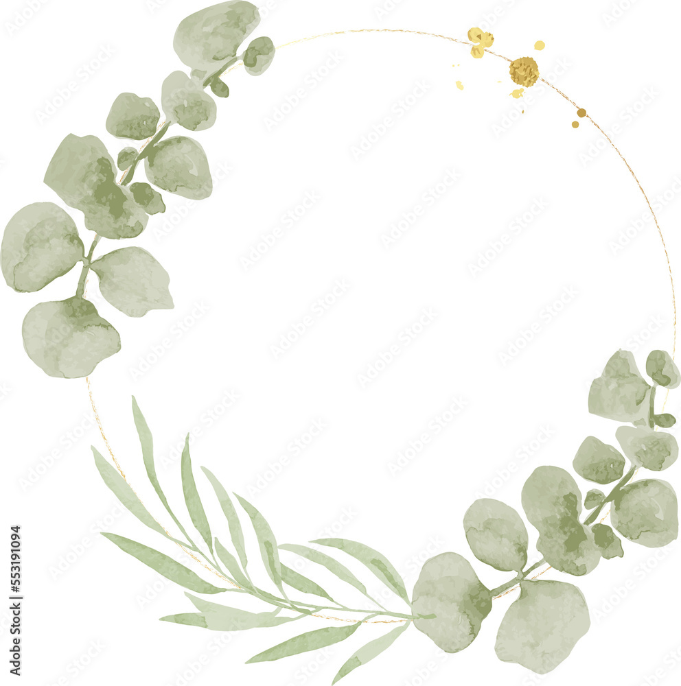 Watercolor eucalyptus leaf gold wreath