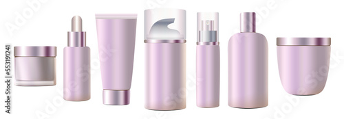A set of bottles, tubes for cosmetics. Beauty containers for shampoo, lotion, cream. Cream tubes on a white background