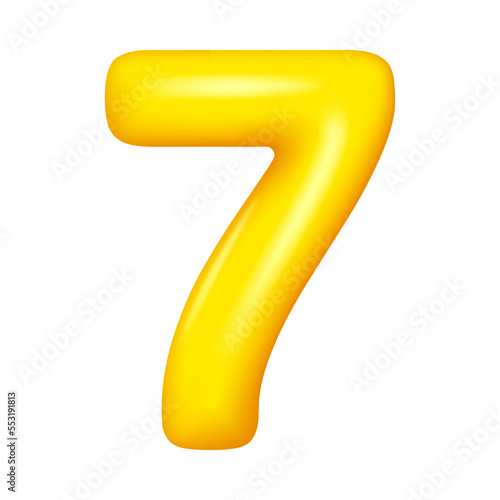Seven number 3d numeral, seventh anniversary balloon, wedding greeting cards elegant sign. Vector 7 elegant balloon greeting cards decor. Birthday party font, numeral of golden yellow metal