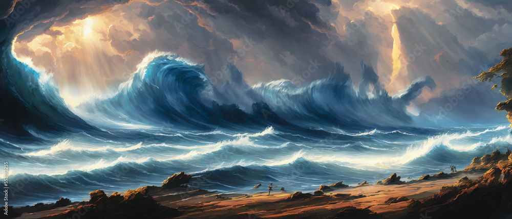 A painting depicting dramatic clouds in the sky during a storm at sea. The dark and foreboding clouds loom over the turbulent waters, creating a sense of impending danger and uncertainty. The waves cr