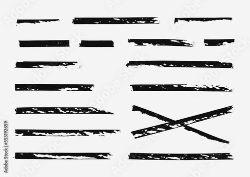 Realistic Rough Scratched Torn Black Pen Marker Brush Ink Line Stroke Set Isolated Collection. Grunge Distressed Paper Texture for Collage.