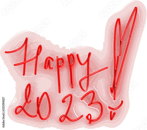 Concentrically glowing vector inscription "Happy 2023!" with a heart or bunny ears. Sketchy handwritten style.