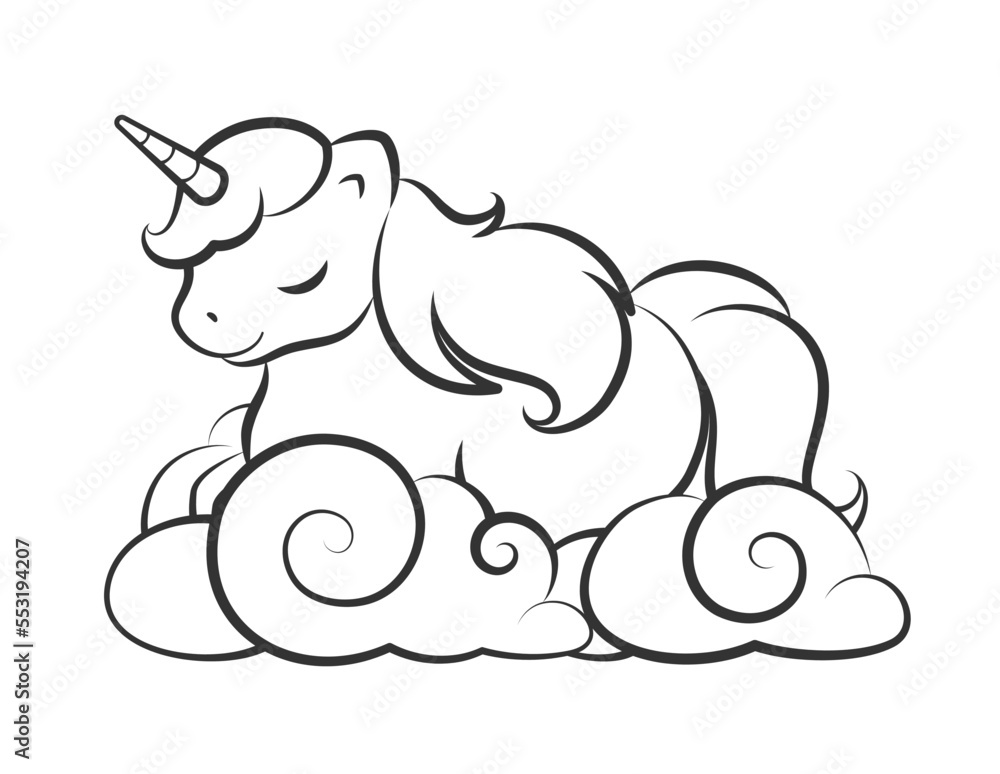 Fototapeta premium Cute unicorn sleeping on clouds vector outline illustration. Easy coloring book page for kids.