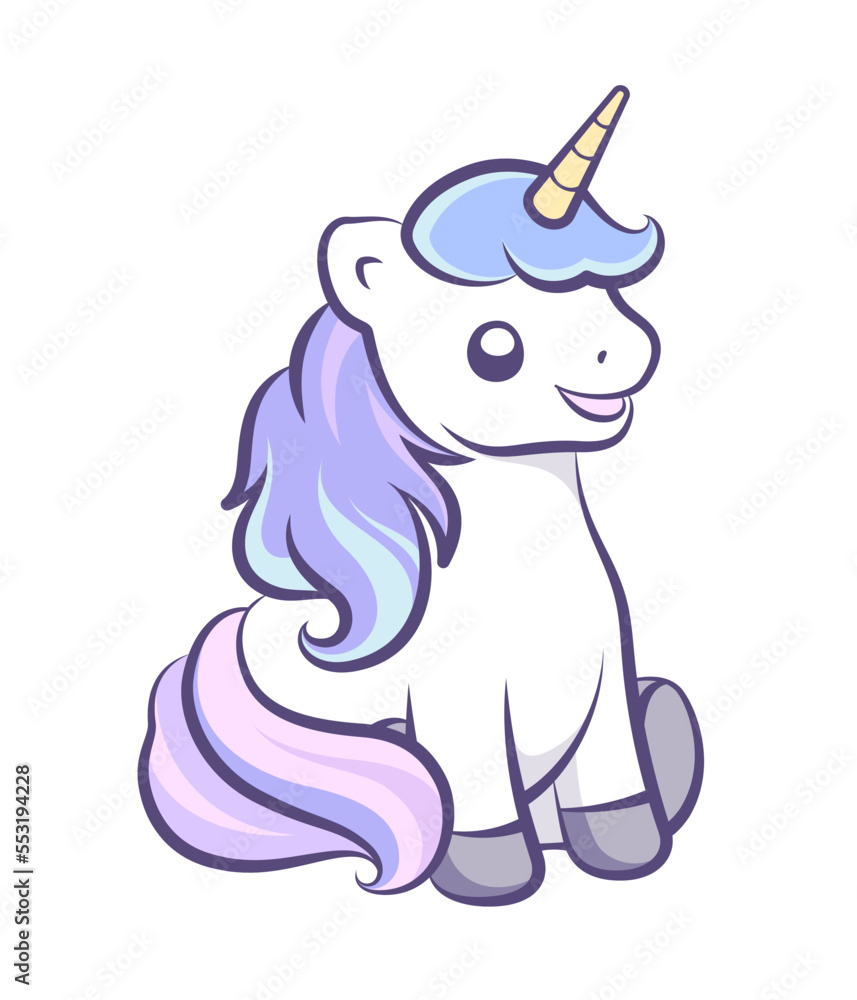 Cute happy unicorn sitting down vector illustration. Mythical creature cartoon design print for kids.