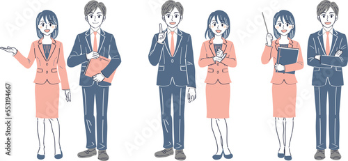 ビジネススーツの男女　表情ポーズの全身イラストセット（案内　説明　解説）