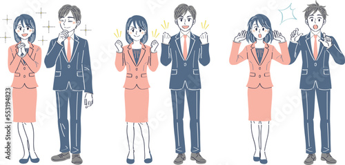 ビジネススーツの男女　表情ポーズの全身イラストセット（憧れ　ガッツポーズ　驚き）