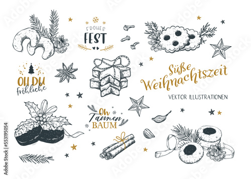German Christmas Treats illustrations "Sweet Christmas time" - various traditional Christmas cookies - vector design