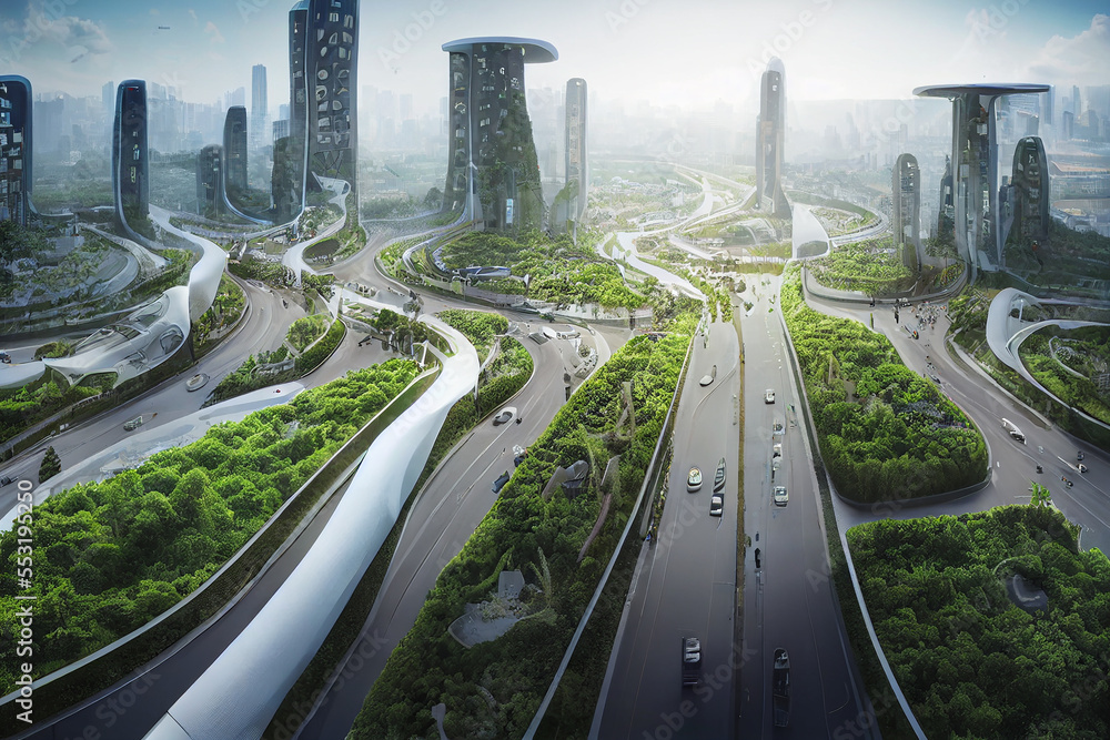 Fototapeta premium future smart cities, sustainable citys, sustainble highrises with lush planting