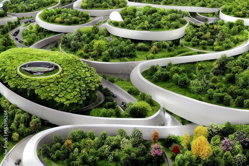 future smart cities, sustainable citys, sustainble highrises with lush planting #553195266