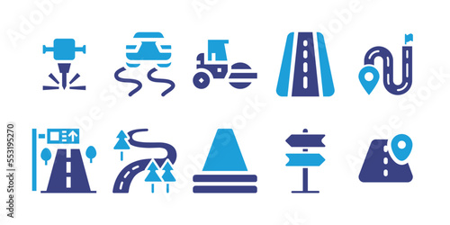 Road icon set. Vector illustration. Containing jackhammer, road roller, slippery road, road, location, street sign, sign post, forest, traffic cone